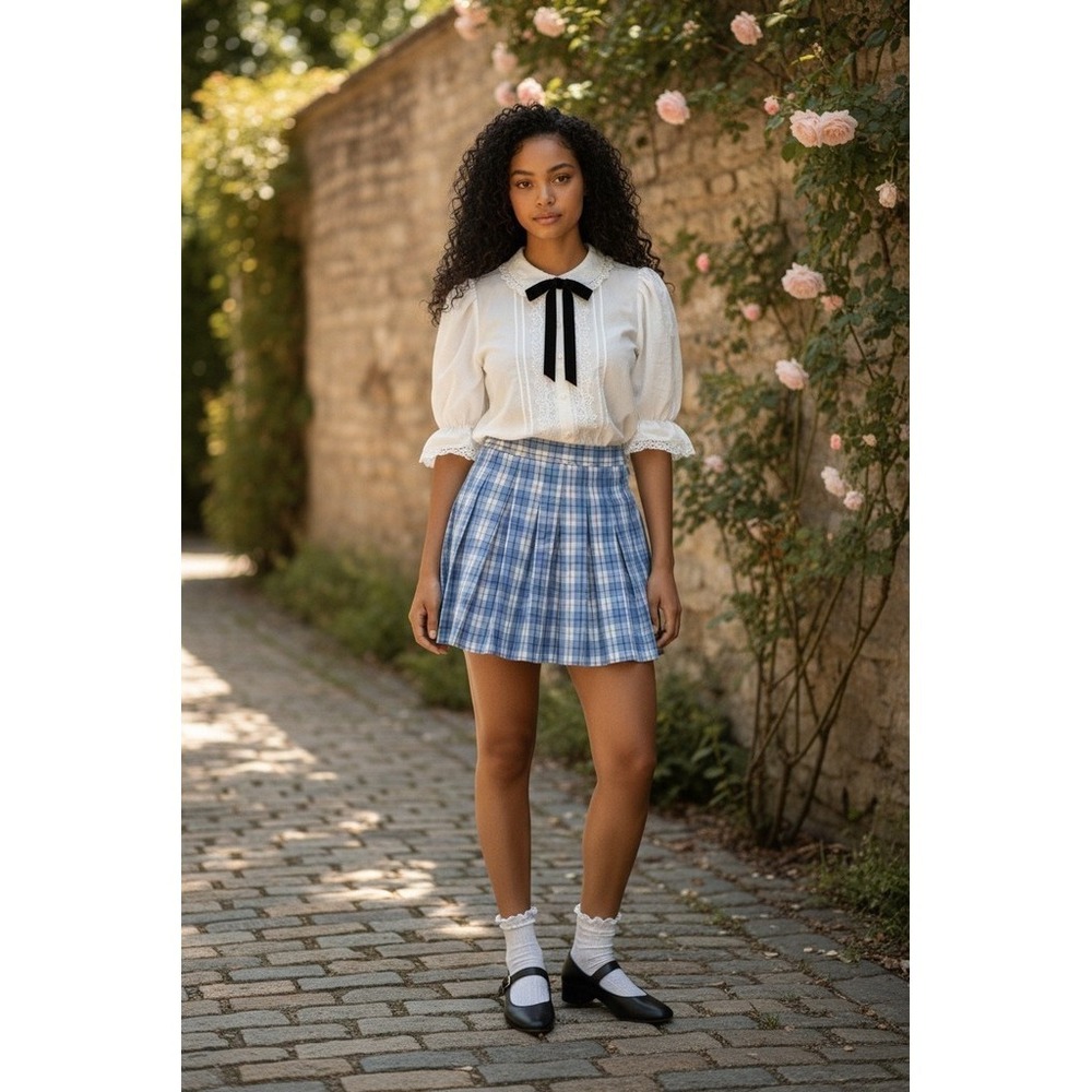 Sim & Sam Skirt XS‎ ice Blue Plaid Pleated Mini High Waist Zip coquette clueless
